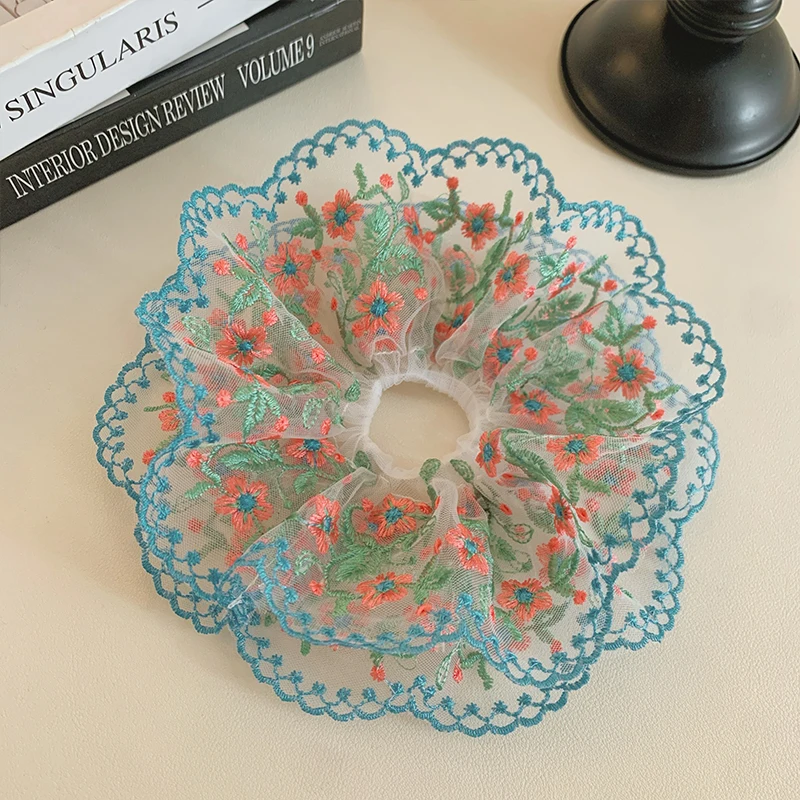 

Summer Sweet Embroidered Flower Me Double Layer Elastic Hair Ties Women's Bun Hair Ba Low Ponytail Hair Ropes