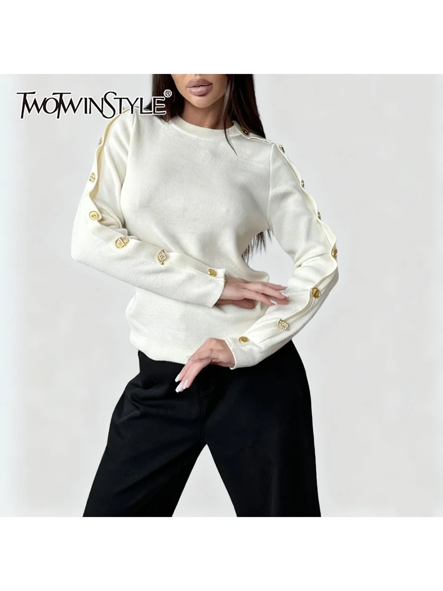 

TWOTWINSTYL Solid Loose Spliced Metal Buttons Casual Sweaters for Women Round Neck Long Sleeves Basics Sweater Female Clothing