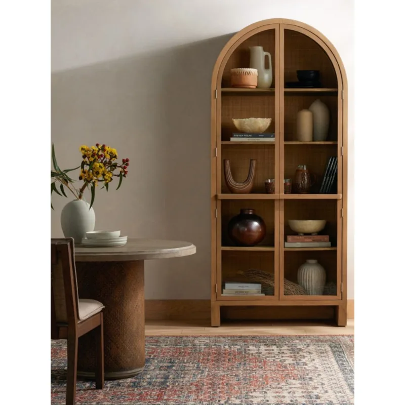 

American solid wood dining side cabinet, oak wine cabinet, Nordic light luxury old display cabinet, arched bookcase