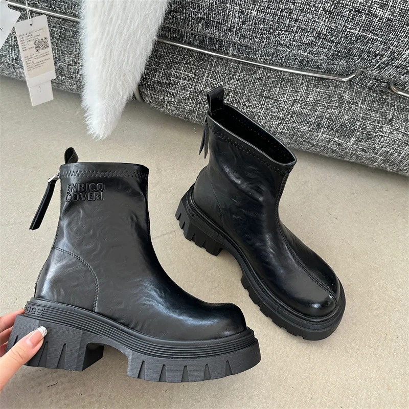 Women Ankle Boots 5cm Chunk Heels Round Toe High Heels Boots For Ladies Punk Fall  Platforms Shoes Black Bottes Talons Femme image 5