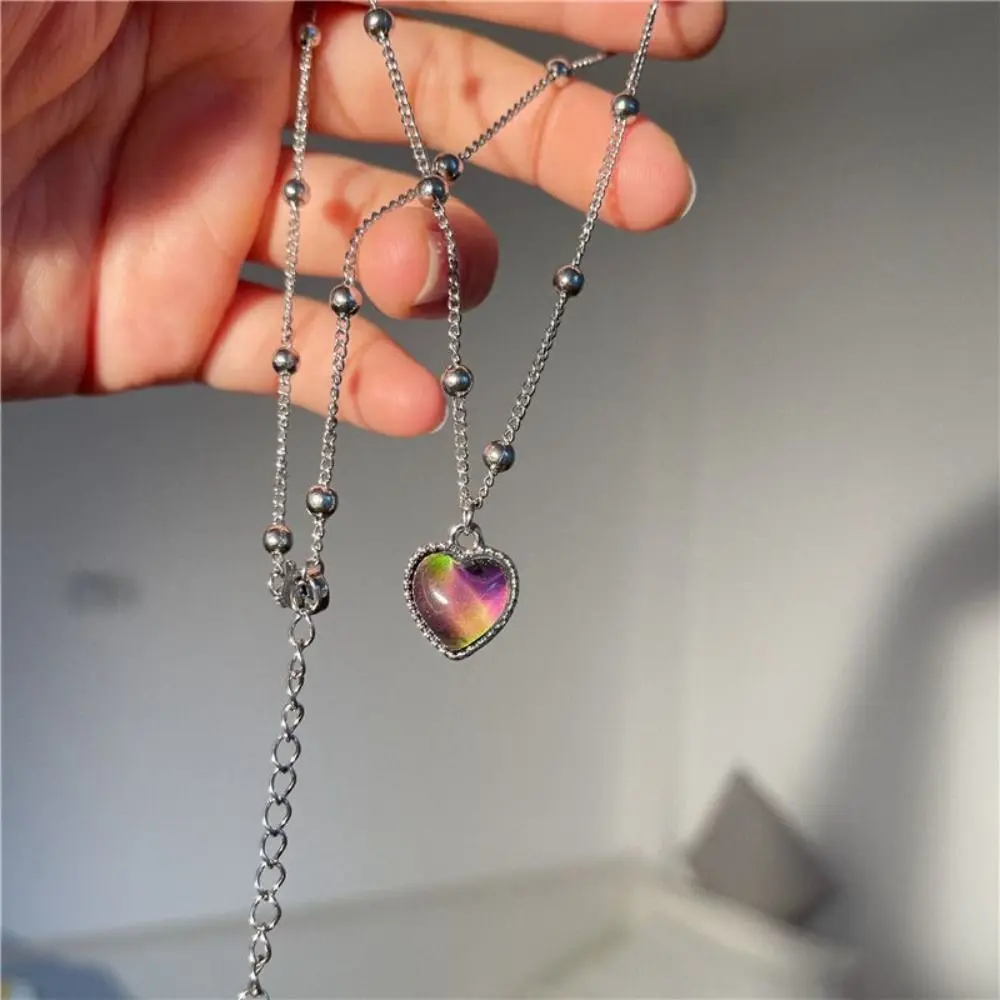 High Quality Stainless Steel Heart Mood Pendant Necklace Silver Gift Necklace Color Change Peach Heart Chain