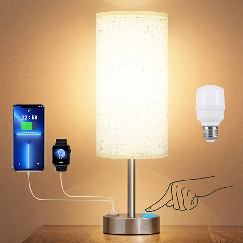 Lámpara de mesita de noche con Control táctil, lámpara de escritura con USB-C, puerto de carga USB, pantalla para estudio