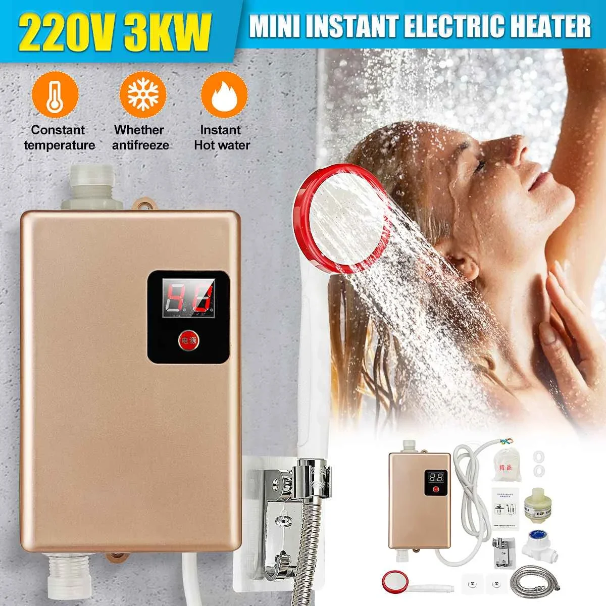 6000W 220V Electric Hot Tankless Water Heater Bathroom Kitchen Instant Water Heater Temperature display Heating Shower Universal