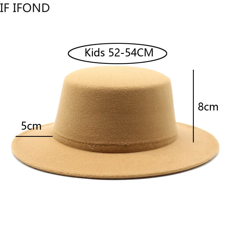 Autumn Winter Kids Felted Fedoras Hats for Boys Girls Solid Imitation Woolen Flat top Jazz Caps Childs Formal Dress Hats