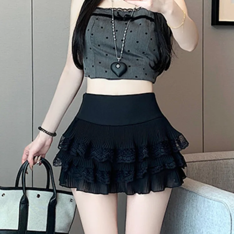 

Korean Sle High Waist ort Cake Skirt Lace Trim Slimming Thin Summer f-length Anti-exposure Women's Faion Commute