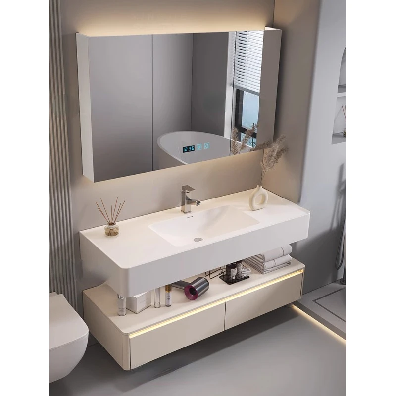 Bathroom Cabinet Integrated Basin Intelligent Light Luxury Wash Table Cream Wind Hand Washbasin Cabinet Combination