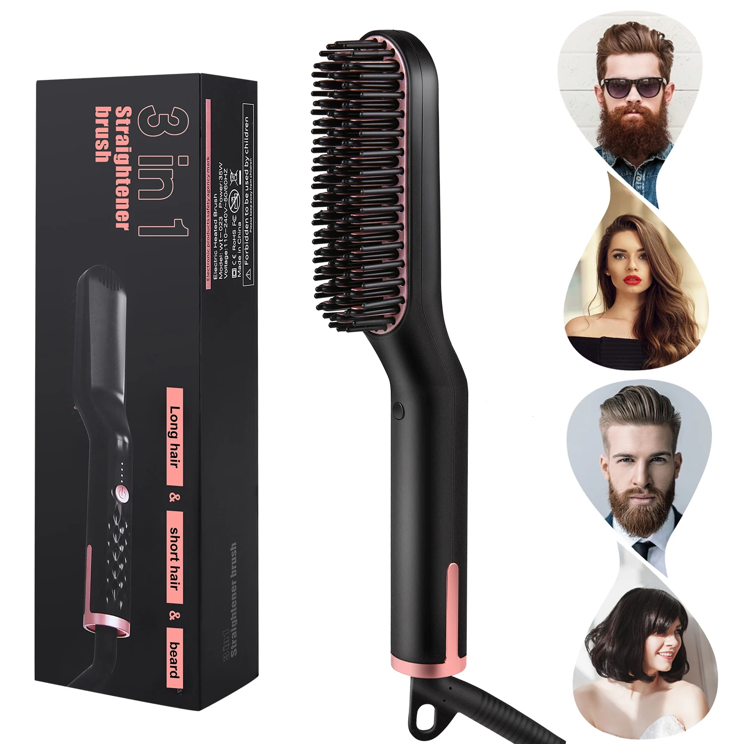 Electric Hair Beard Straightener Brush Anti-Scald Heated Beard Straightenin Comb for Men Woman Multifunctional Quick Hair Styler