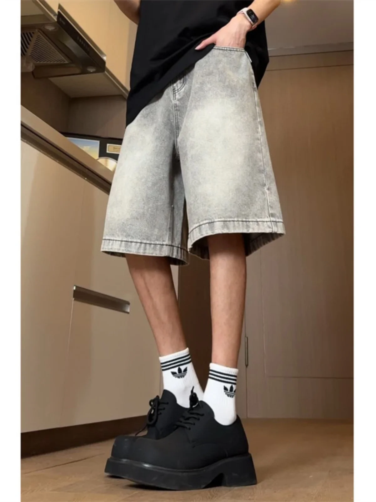 

Cleanfit Grey Cement Smoke Men's Summer Shorts American Vibe High Street over Knee Five-Point Jeans mid Waist Straight Leg