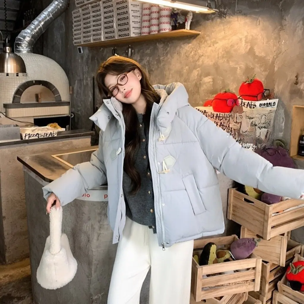 

Women's Thickened Loose Cotton Jacket New Winter Short Coat With Hood Bull Horn Button Casual Style In Stock