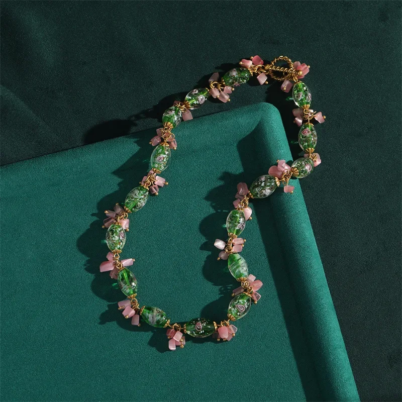 Vintage Luxury Choker Necklaces Jewelry For Women Green Drum Rosary Beads Bow Sweet Chain Pink Shaped Crystal Jewellery