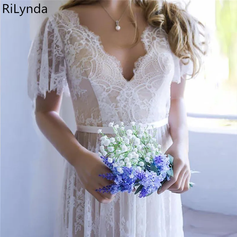 Boho Wedding Dresses 2023 V Neck Cap Sleeve Lace Beach Wedding Gown Cheap Backless Custom Made Free Shipping Bride Dresses