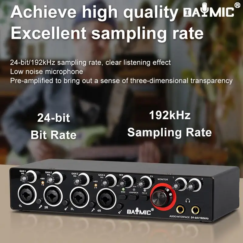 DAYMIC Professional 24Bit 192Hkz 4 Channel Audio Interface USB Sound Card for Live Recording Solo