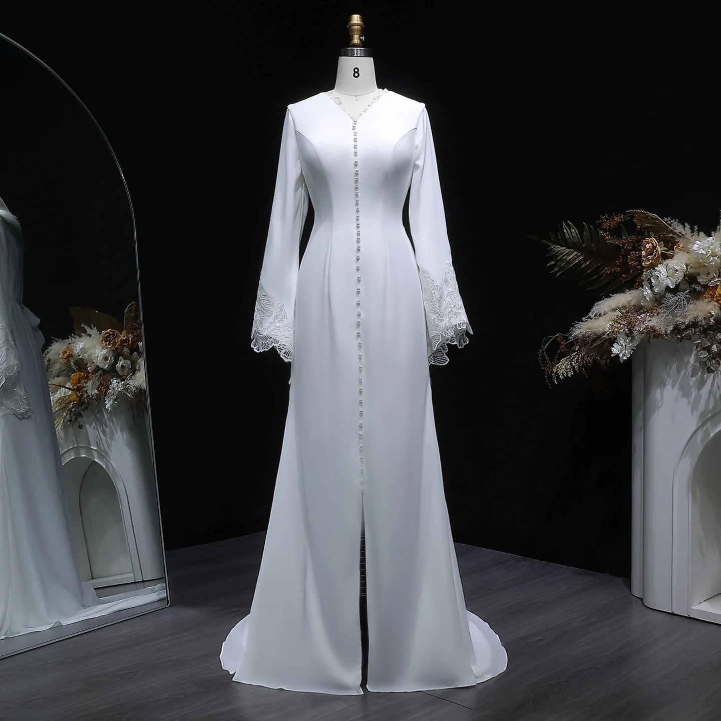 Sheer Fairy Wedding Dresses Elegant Mermaid V Neck Chiffon Appliques Dubai Pearls Engagement Gowns with Slit SW584 Customized
