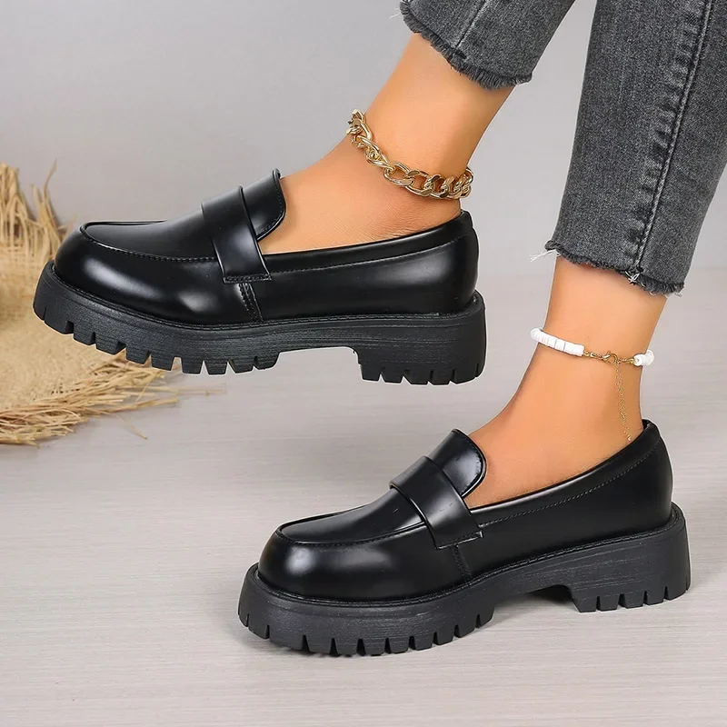 British Style Platform Loafers Women 2024 Plus Size Round Toe Single Shoes Woman Thick Bottom Pu Leather Shoes Mujer