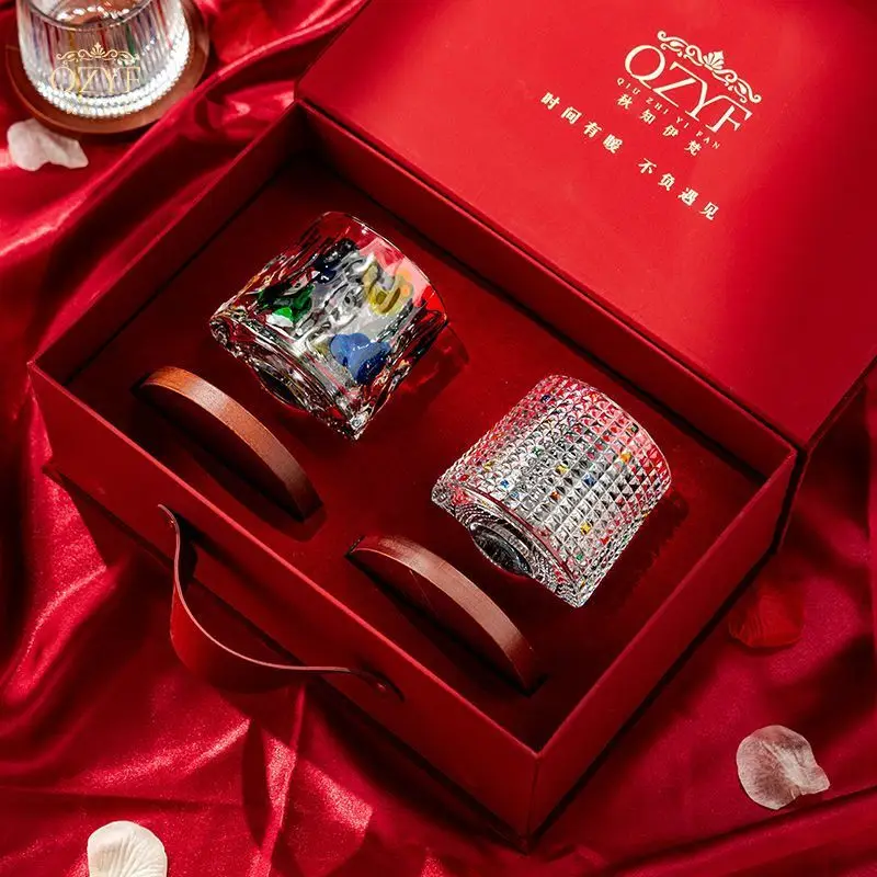 

Painted Rotating Glass Water Cup Light Luxury Upscale Couple Gift Box Set Whisky Glass Birthday Wedding Gift