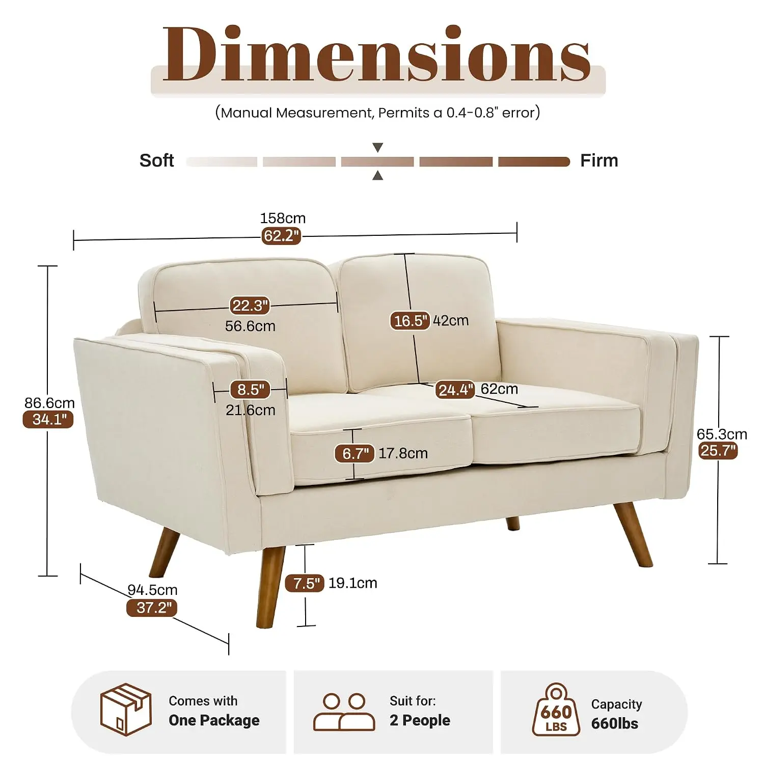 Chenille Loveseat Dual-Layer Armrests Removable Cover Spring Cushions Wood Frame Easy Assembly Small Space 62.2in Beige, Customi