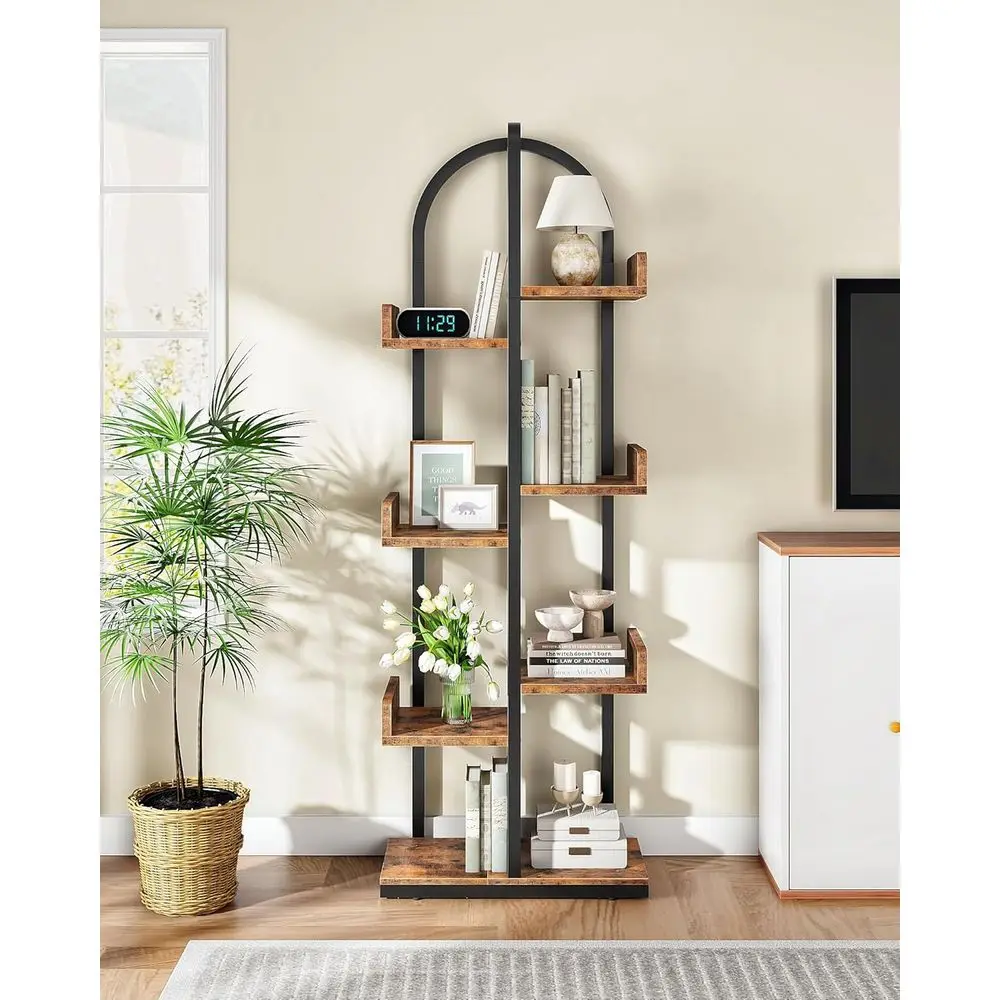 

Rustic 6-Tier Curved Bookshelf with Anti-Tip, Adjustable Feet for Home, Office - Brown & Black TSJ06BF