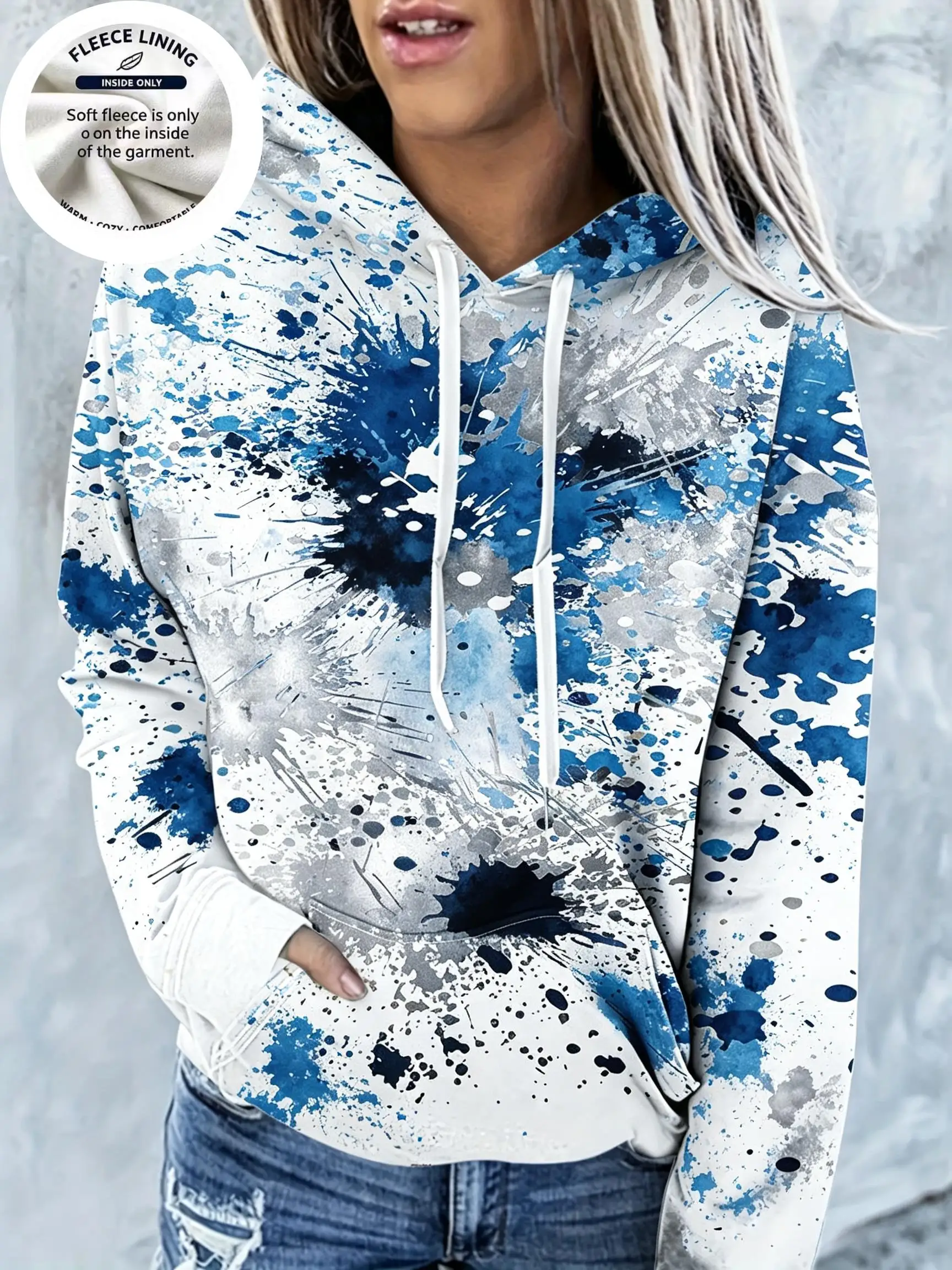 Women Fleece Hoodie, Colorful Paint Splash Print Long Sleeve Pullover, Abstract Street Art Casual Hooded Sweatshirt