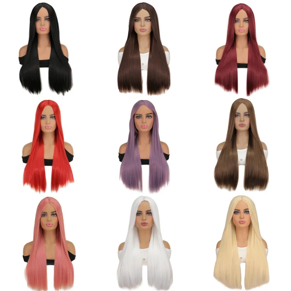 QQXCAIW المرأة طويلة مستقيم الاصطناعية خصلات الشعر المستعار النساء هالوين أنيمي زي مقاومة للحرارة شعر مستعار الأرجواني الأسود البني 9 ألوان