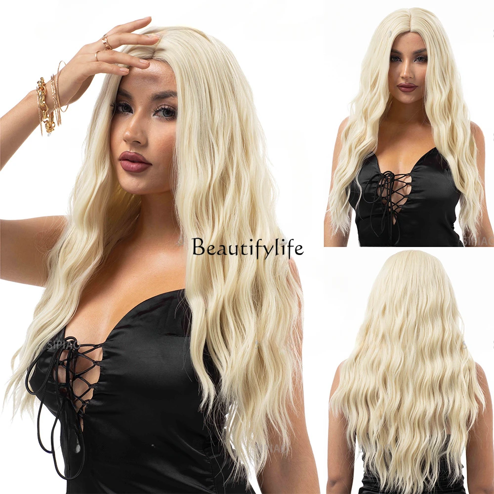 

wig, long hair, medium beige temperament, small curly hair, full head cover.