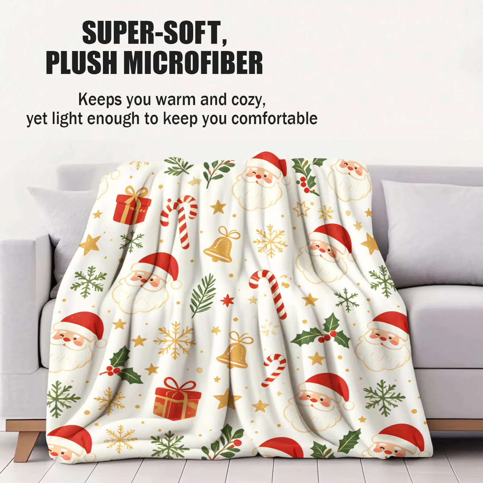 Cute Santa Claus Flannel Throw Blanket Christmas Gift Box Candy Cane Snowflake Bell Print Soft Microfiber Blanket Holiday Decor