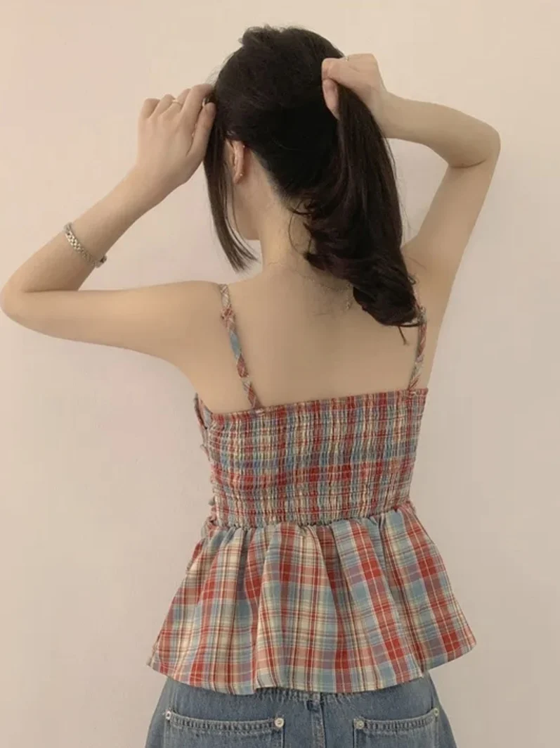 Top curto xadrez vermelho com alças, feminino, verão, uso ao ar livre, design exclusivo, picante, svel, colete moderno