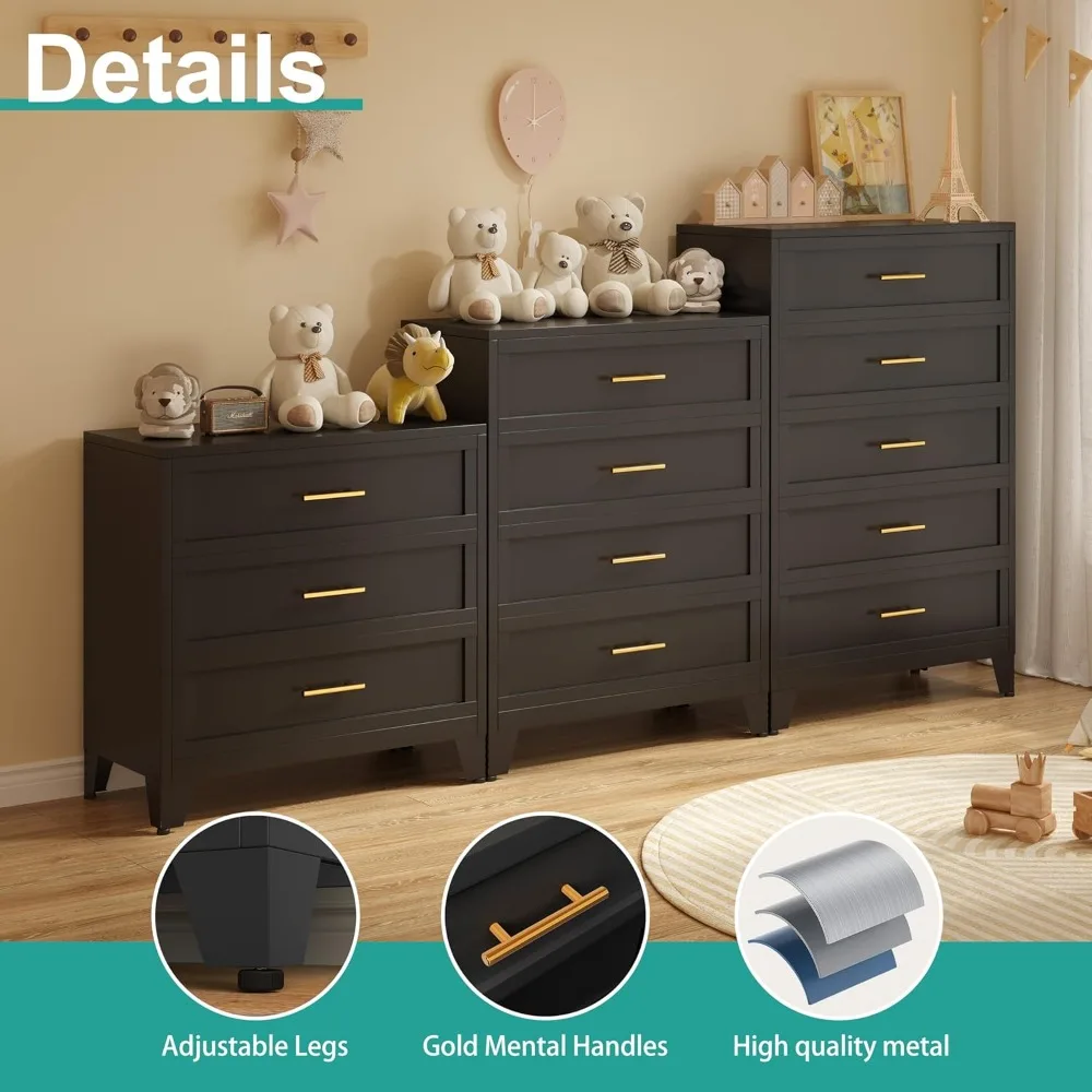 Tocador de dormitorio negro de 4 cajones, tocador de metal y gabinete con cajones, gabinete de almacenamiento alto 43,1, gabinete de almacenamiento grande
