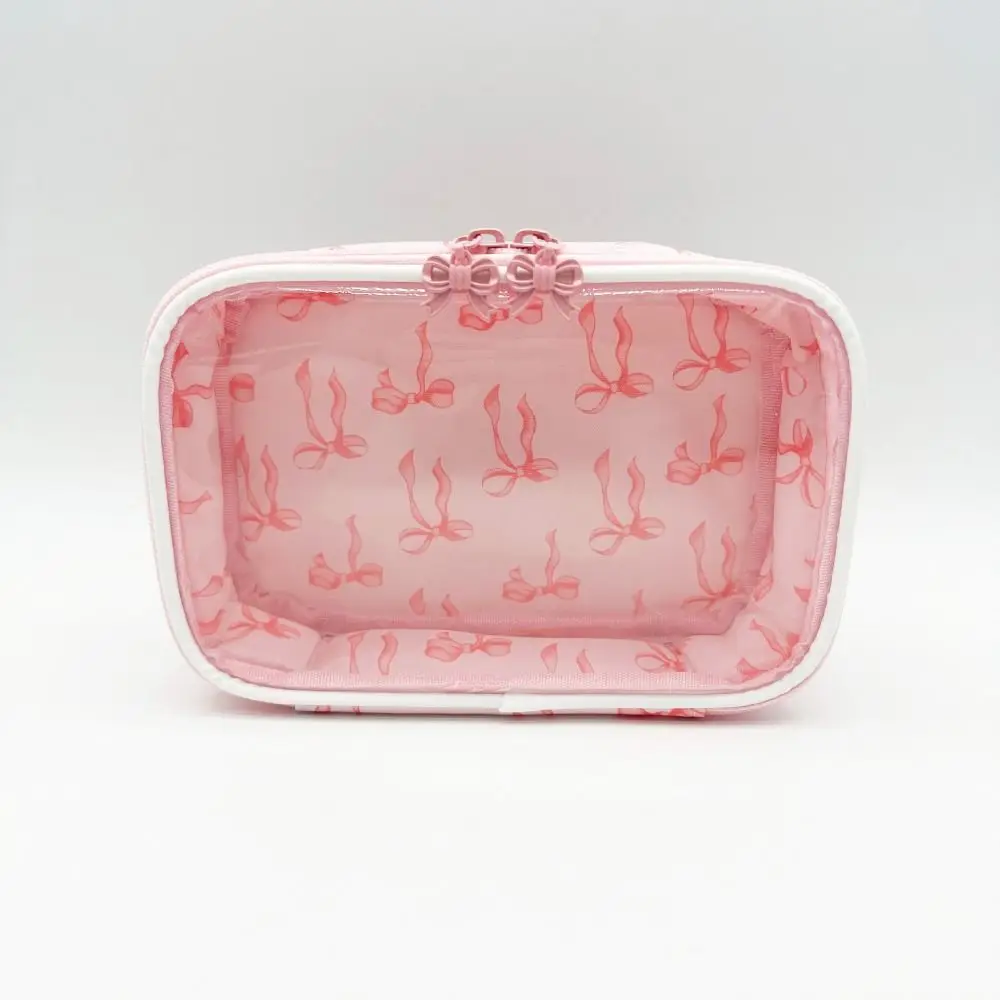 Waterproof PVC Makeup Bag Clear Bow Print Cosmetic Bag with Zipper Large Capacity Cosmetic Organizer Home Travel