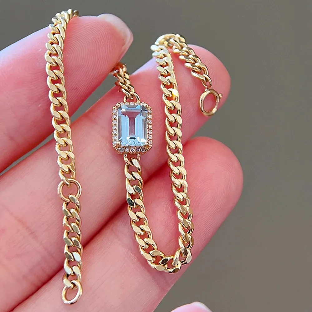

Ins Fashion Unisex 925 Silver Natural Aquamarine Square Charm Cuban Chain Cuff Bracelets For Women Blue Topaz Men Niche Jewelry