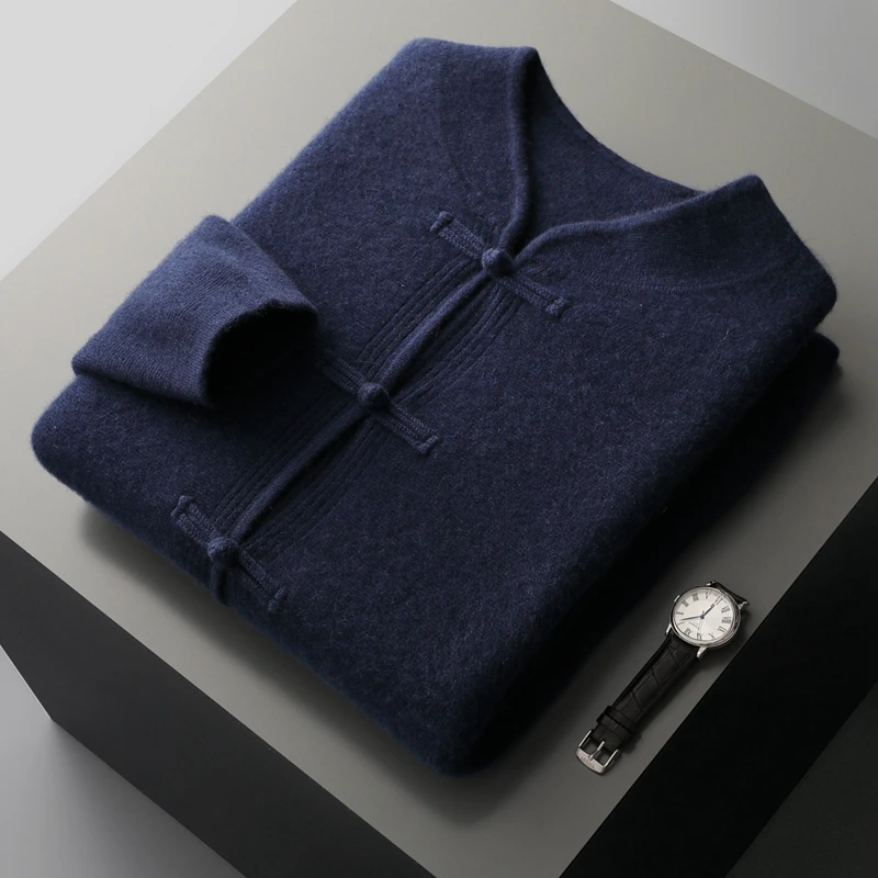 Chinese Style Button Cardigan for Men 100% Cashmere Thick Knitwear Autumn High-end Stand Collar National Style Sweater Jacket