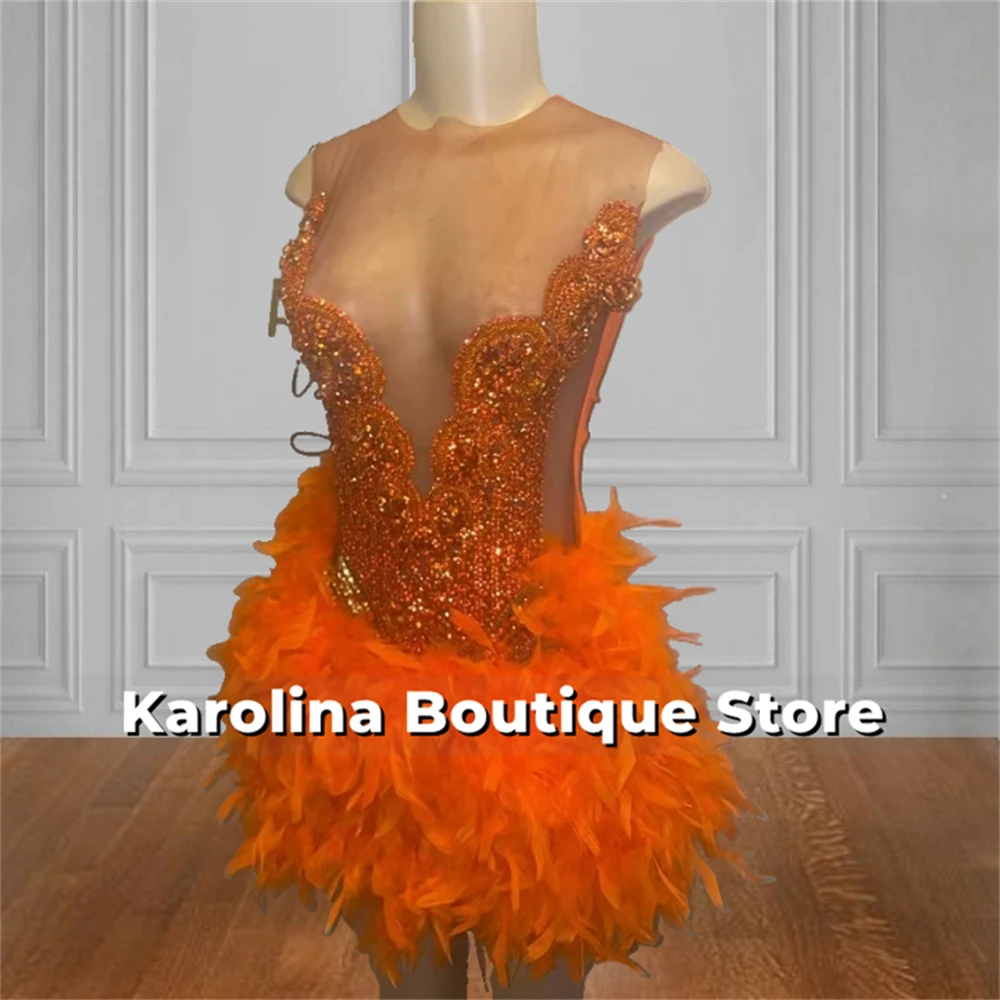 

African Orange See Thru O Neck Short Prom Dress Feathers Crystals Beading Homecoming Dresses Black Girls Mini Customized