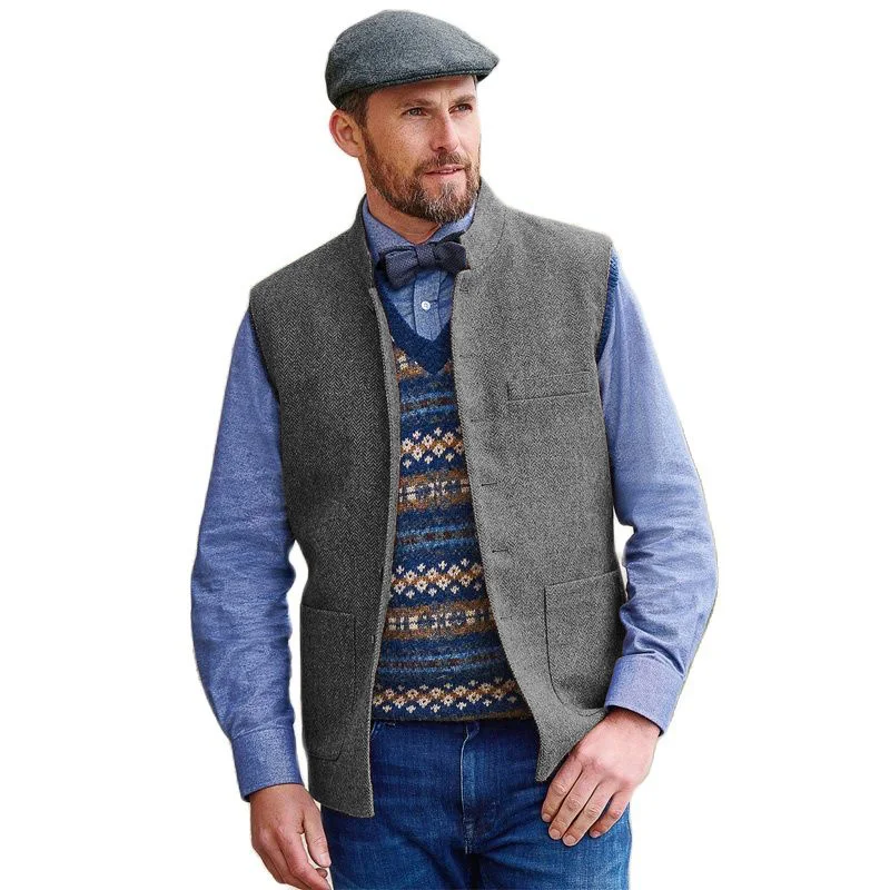 Men\'s Suit Vest Brown Stand Collar Wedding Herringbone Wool Tweed Male Gentleman Business Waistcoat for Groom Costumes 2022