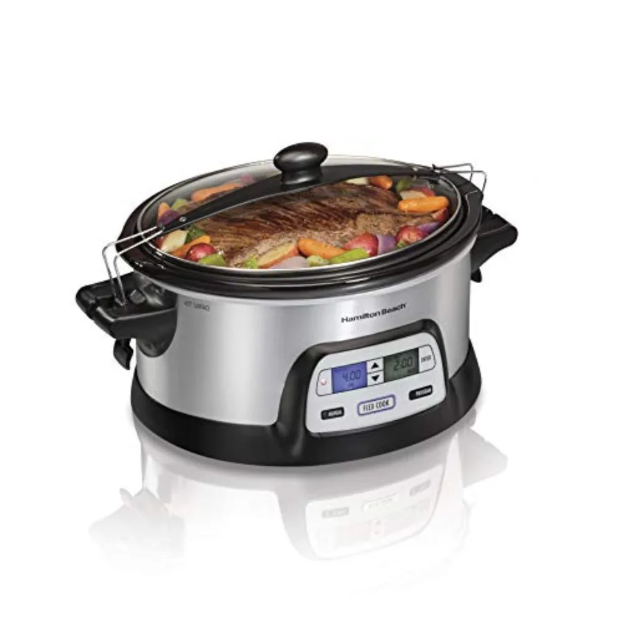 

33861 Portable Programmable Slow Cooker Dishwasher Safe Crock 6 Qt FlexCook Dual Digital Timer 2 Heat Settings Lid Lock for Eas