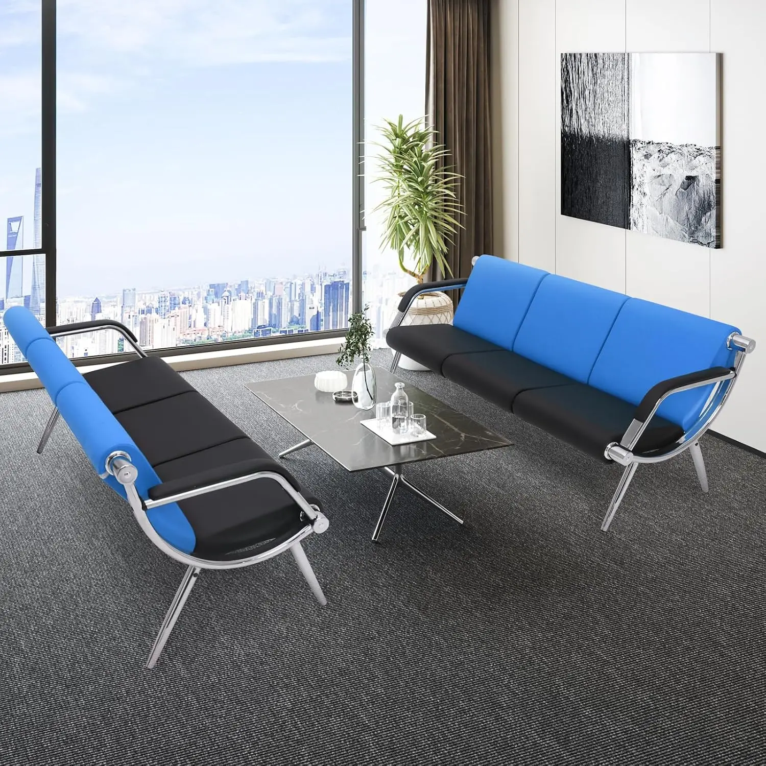 3-Seat PU Leather Waiting Room Bench with Armrests, Guest Seating for Office Lobby Reception Airport Salon, Blue Black