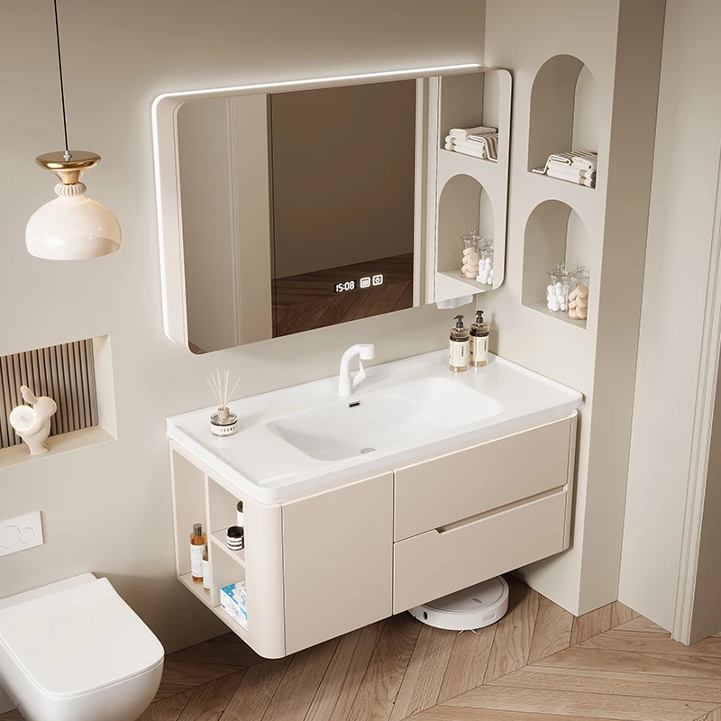 

Cream wind ceramic integrated basin rounded corner paint bathroom cabinet combination bathroom washbasin sink