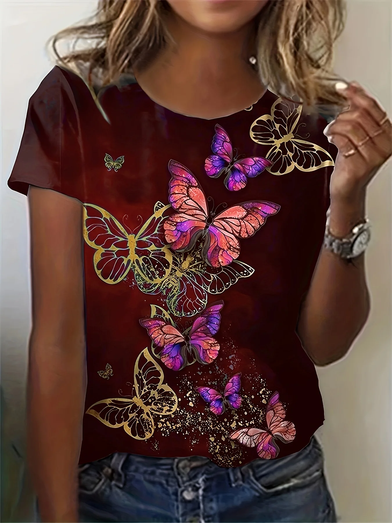 T-shirt women's summer casual round neck short sleeve butterfly pattern top loose casual wear ladies T-shirt mother's day gift