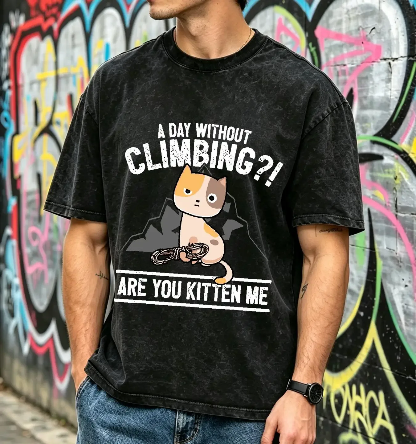 washed T Shirt Funny Rock Climbing Cat Mountain Climber I Are You Kitten Me long or short sleeves vintage Washed