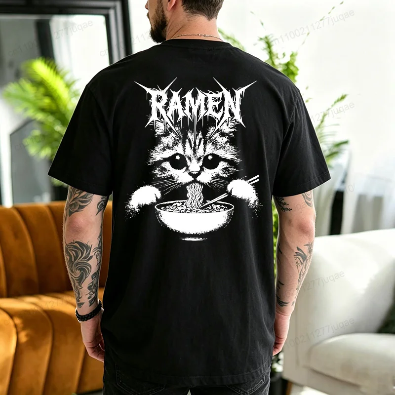 Men Black Ramen Cat Back Print T Shirt Vintage Gothic Kitty Ramen Graphic Tee Oversized Short Sleeve Tops Hip Hop Streetwear