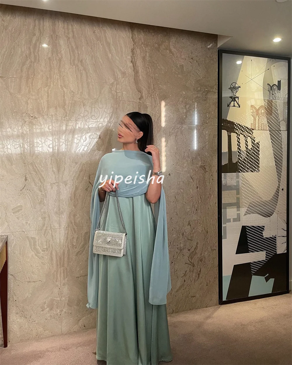 Customized Exquisite Elegant Jersey Pleat Draped A-line High Collar Long Dresses Prom Dresses Sizes Available Matching High Qual