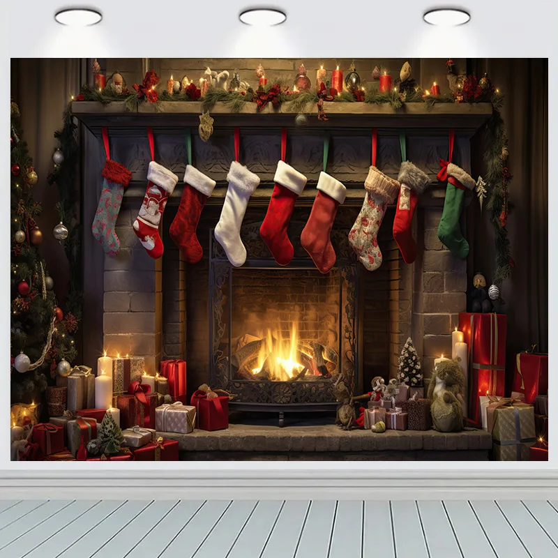 Cozy Christmas Day Scene Fireplace Photography Backdrop Props Winter Living Room New Year Gift Holiday Photo Background RS-07