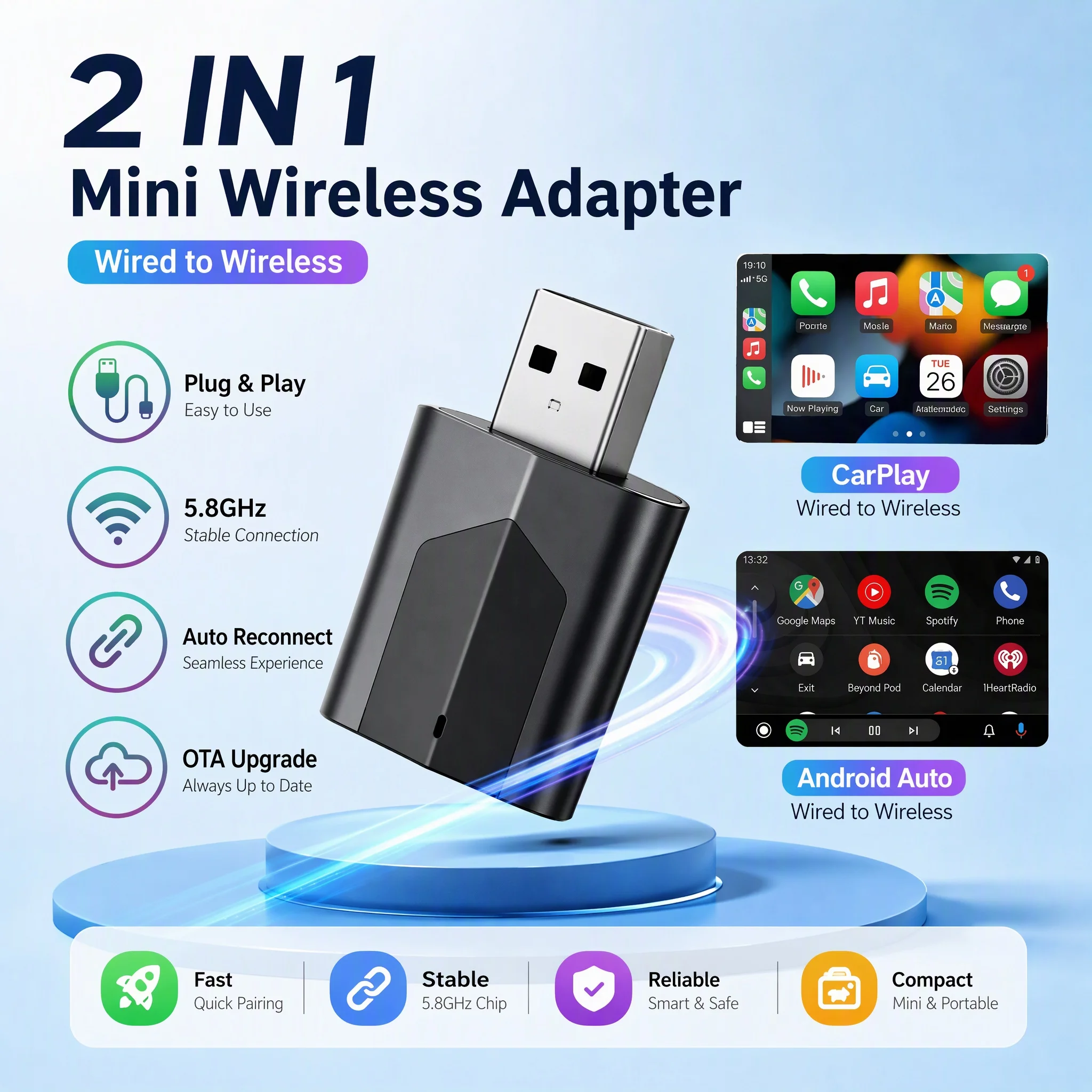 2in1 Wireless Adapter, Universal Mini CarPlay Android Auto Dongle for Car Entertainment, Smart Mini Car Adapter Plug and Play, F