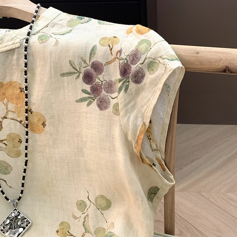 Novo sle chinês ort sve irt camiseta feminina de comprimento médio com estampa de flor de ameixa verão frente aberta bule top algodão linho...