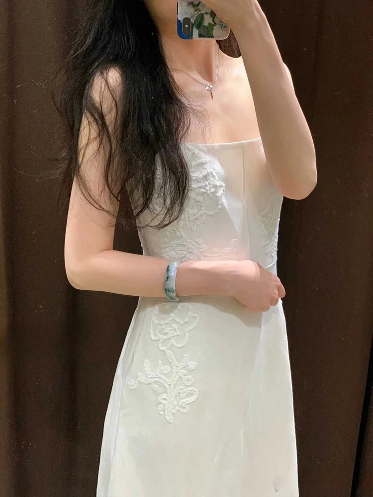 Kar & Otza-2024 women\'s new white temperament embroidery long suspenders medium-length women\'s dress summer fashion commuter dre