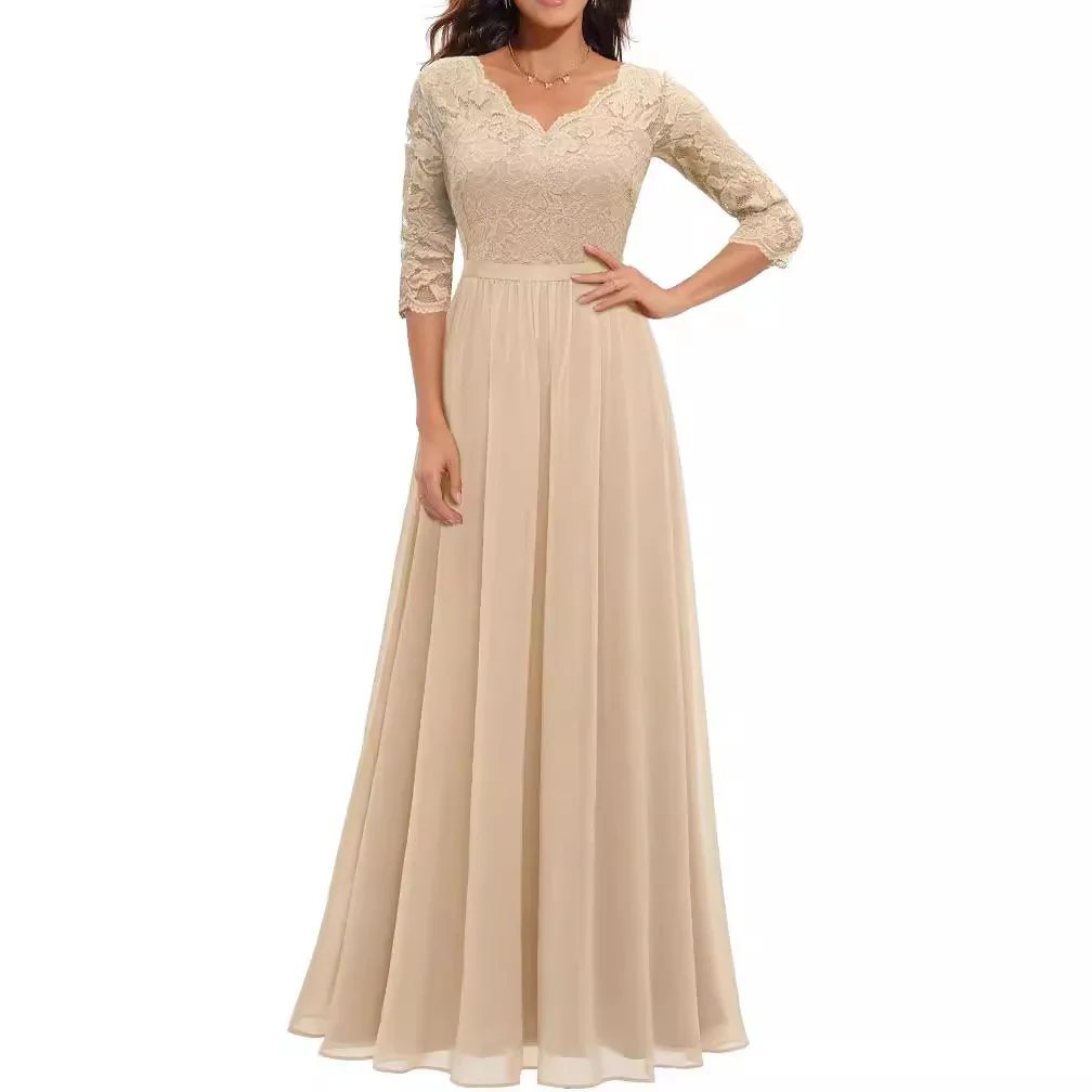 Damenkleid mit V-Ausschnitt, Spitze, Halbarm, Schlankes Sexy Taillenschnitt-Kleid, Langes A-Linien-Kleid, Elegantes Sommerkleid für Formelle Abendveranstaltungen