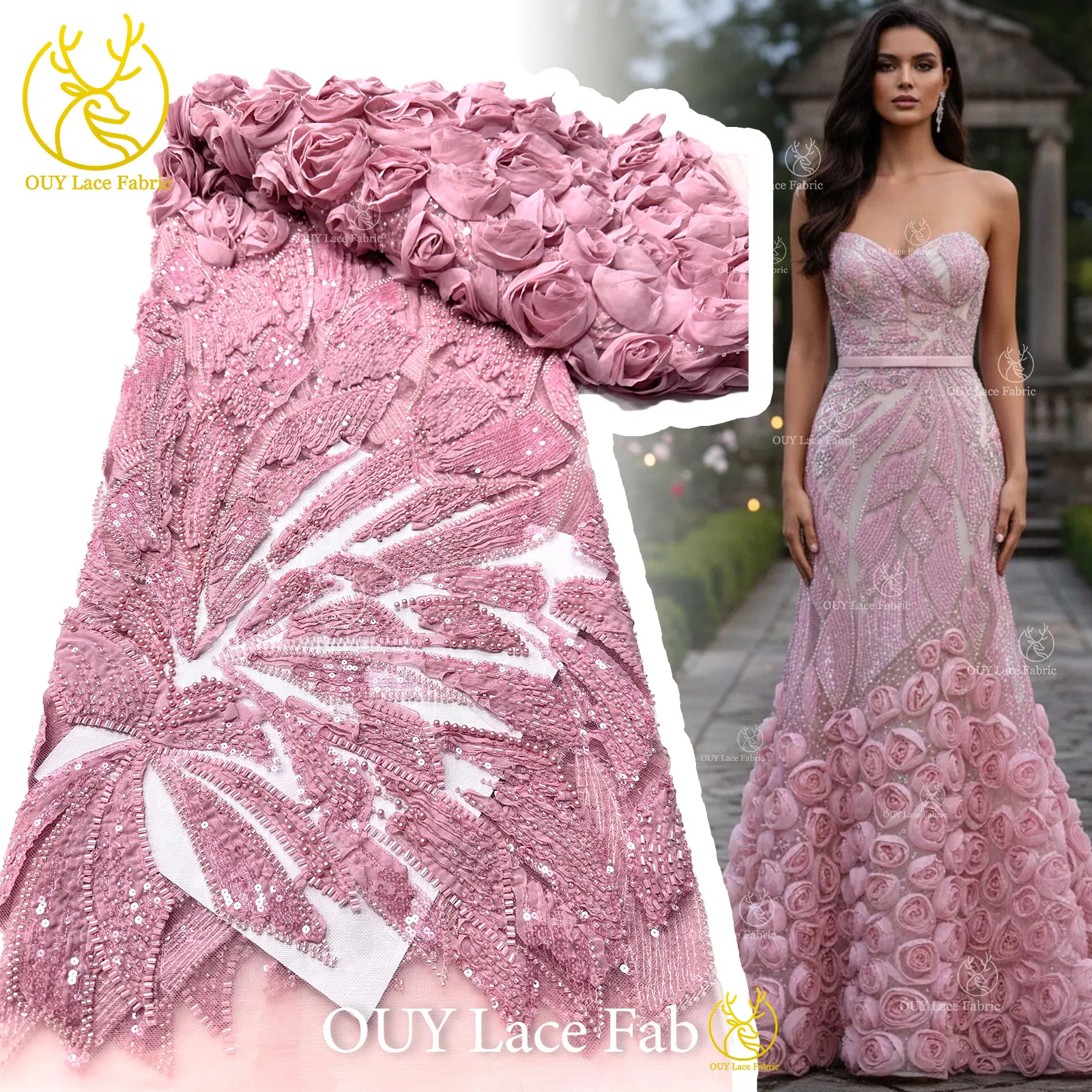 

Розовая 3D-сетчатая тюлевая кружевная ткань 2026 года, нигерийская кружевная ткань с бисером и пайетками для женских свадебных и вечерних платьев, 5 ярдов