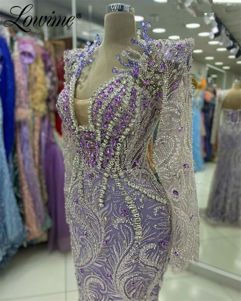 Aso Ebi Crystals Mermaid Prom Dress Purple Beaded Sequined Long Sleeves Arabic Evening Dresses 2024 Customized Robes De Soiree