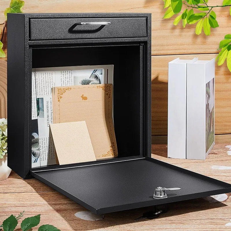 Box with Lock Security Mail Drop Metal Collection Boxes Hanging Secure Postbox(Black,12 x 10.5 x 4.7 Inches)