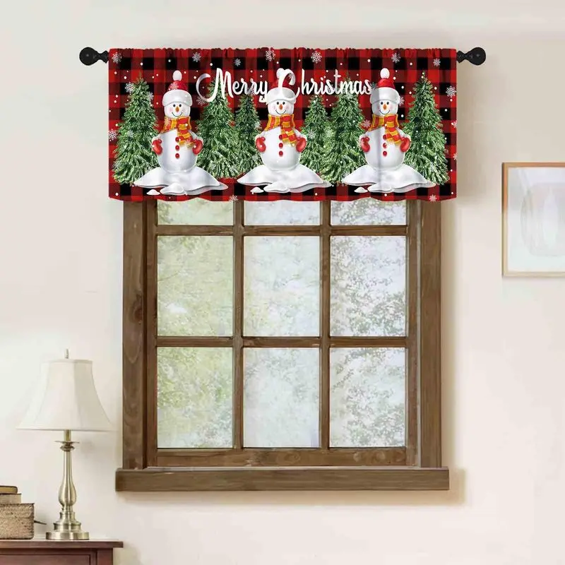 VIKAMA Red Black Plaid Triple Snowman Pine Holiday Greetings Christmas Short Window Curtain Rustic Cute Winter Home Decor Soft