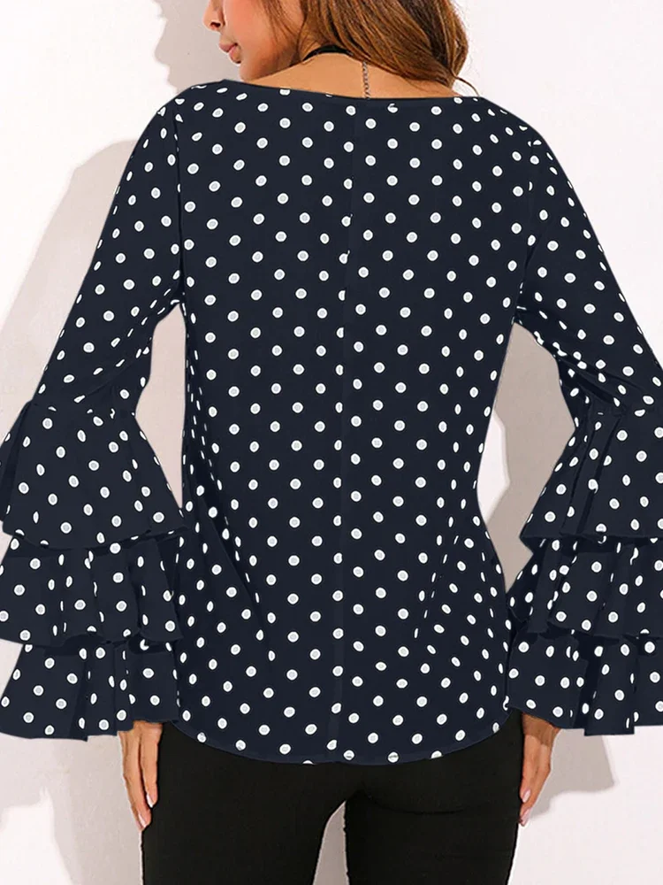 

5XL Plus Size Polka Dot Womens Tops And Blouses Casual Long Lantern Sleeve O Neck Loose Female Tunic 2023 Summer Autumn Pullover