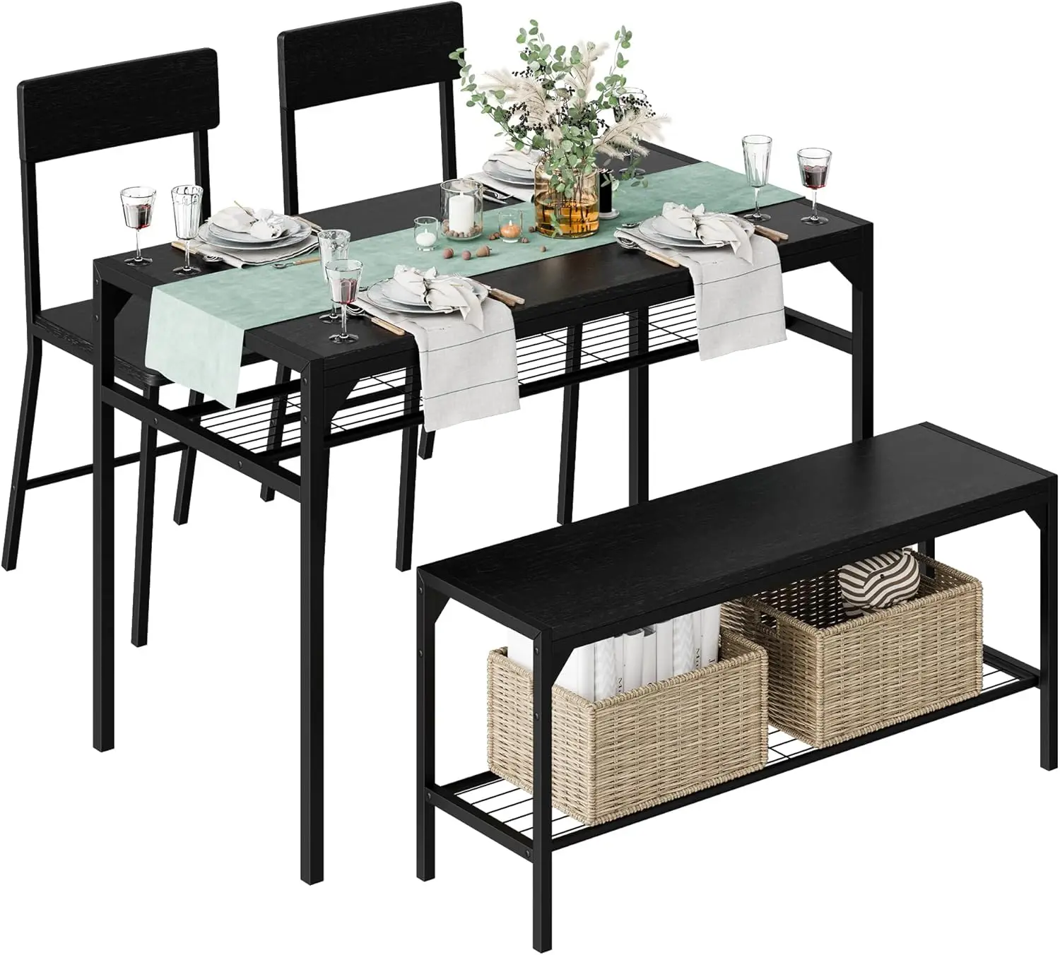 Dining Table for 4 with 2 Chairs and a Storage Bench, Small Kitchen Table Set with Wine Rack, Rectangular Computer Desk